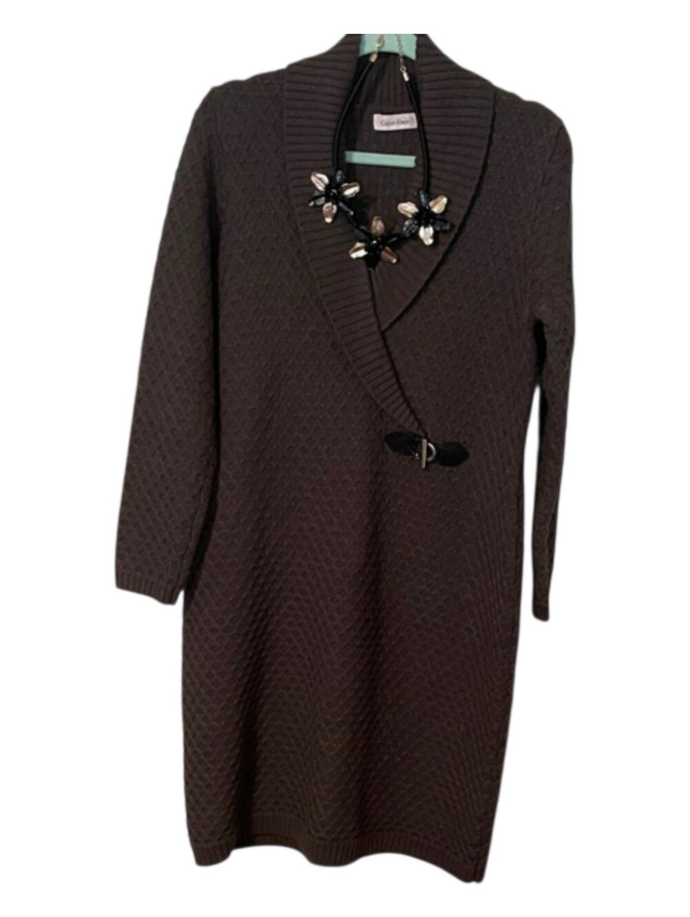 Calvin Klein Charcoal Gray Faux Wrap Sweater Dress Diamond Weave Knit Size L/XL - Picture 12 of 12